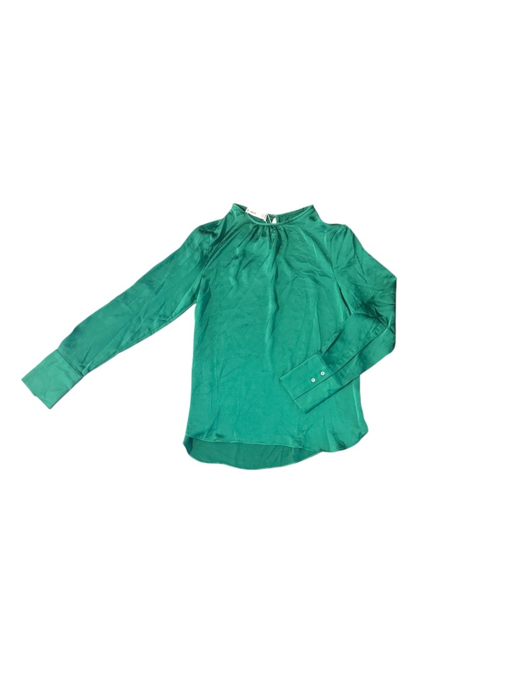 NEW MNG Women's Green Satin Keyhole Long Sleeve Blouse Top Sz 2 Button Cuffs NWT